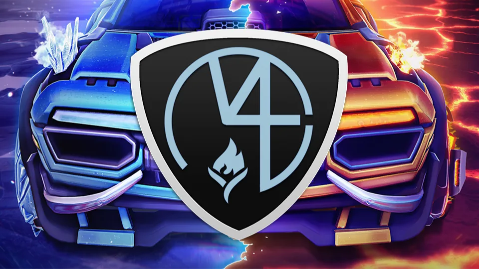 MOD4EVER-Schild vor einem Rocket-League-Auto in Eis und Feuer